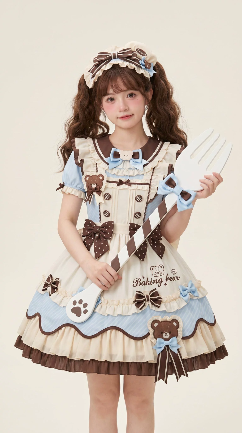 Sweet Maid Lolita Short Sleeve OP Dress Set with Striped Pattern and Baking Bear Embroidery