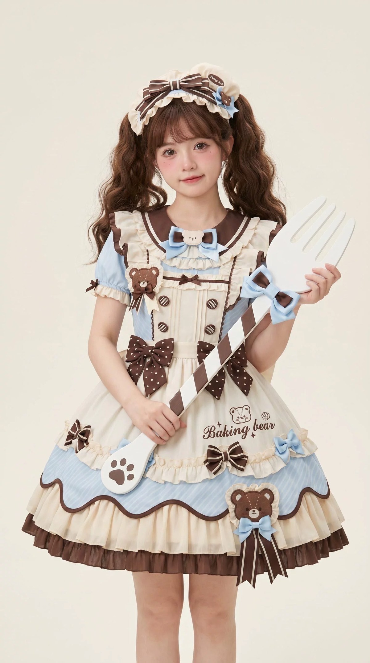 Sweet Maid Lolita Short Sleeve OP Dress Set with Striped Pattern and Baking Bear Embroidery