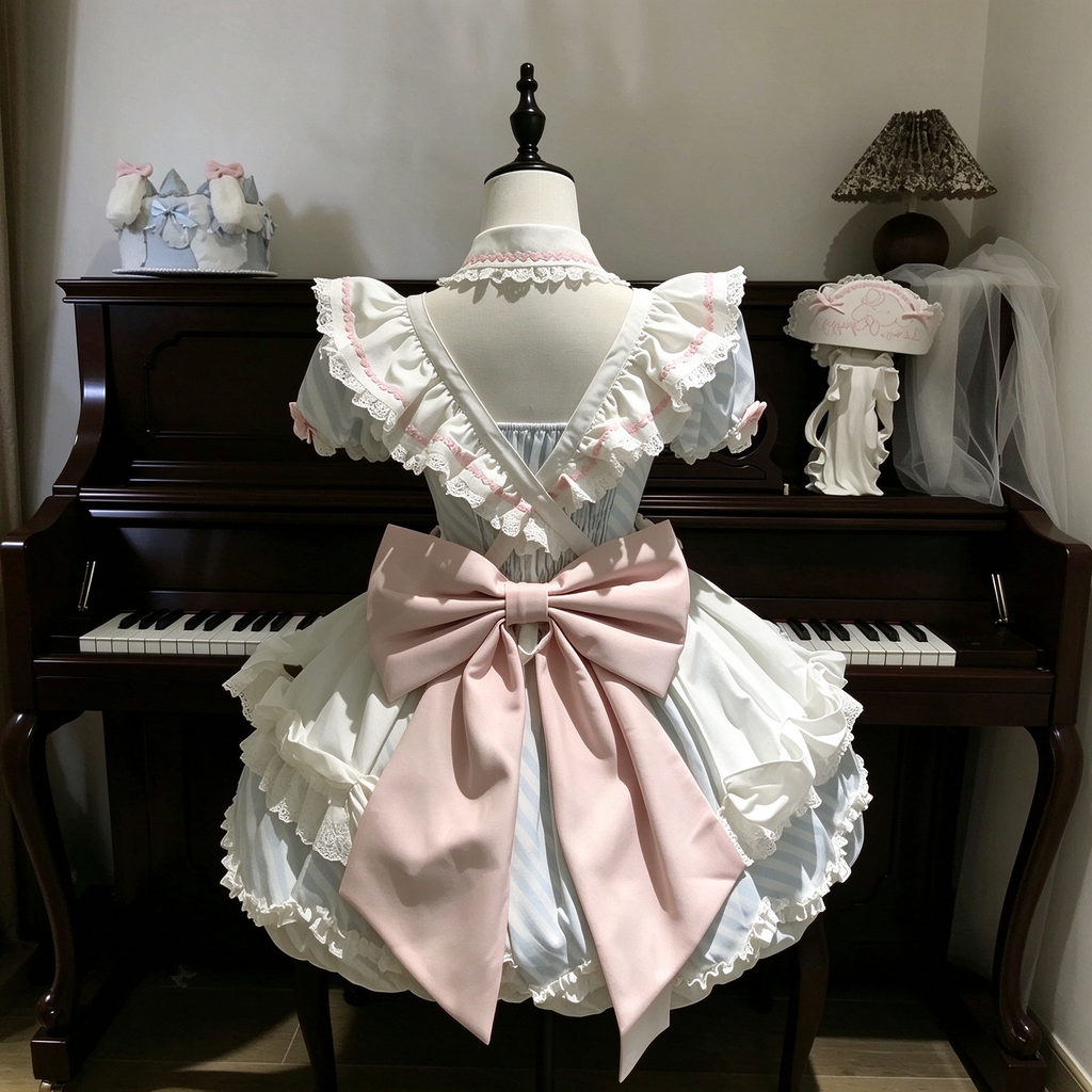 Cooking Dessert Lolita Dress with Striped Pattern and Melting Cream Embroidery Yoke