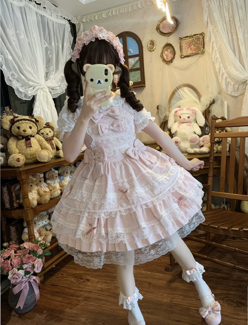 Light Blue and Pink Jacquard Ruffled Lolita Dress Set with Bow Accent