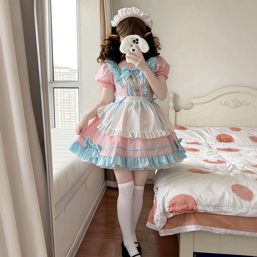 Sweet Maid Lolita Short Sleeve OP Dress Set with Keyhole Turn-Down Collar and Heart Patch Waist Accent