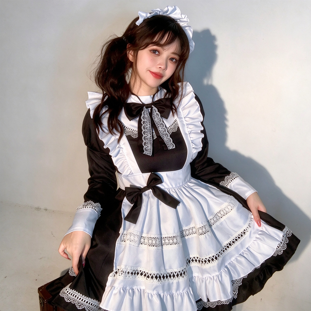 Classic Maid Lolita Long Sleeve OP Dress Set with Ruffled Shoulder Strap Apron