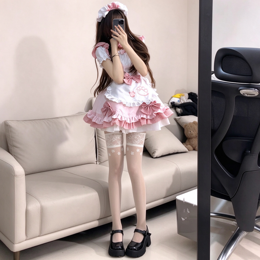 Sweet Maid Lolita Short Sleeve OP Dress Set with Cat Paw Patch Apron and Plaid Bow Accents