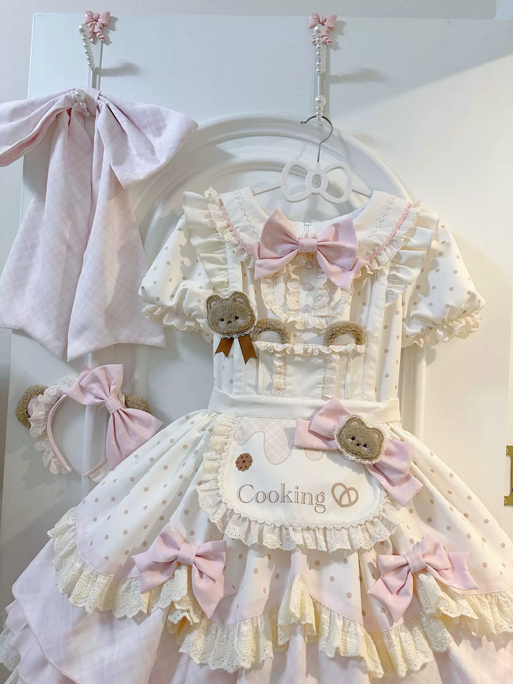Sweet Maid Lolita Short Sleeve OP Dress Set with Polka Dot Pattern and Cooking Bear Apron