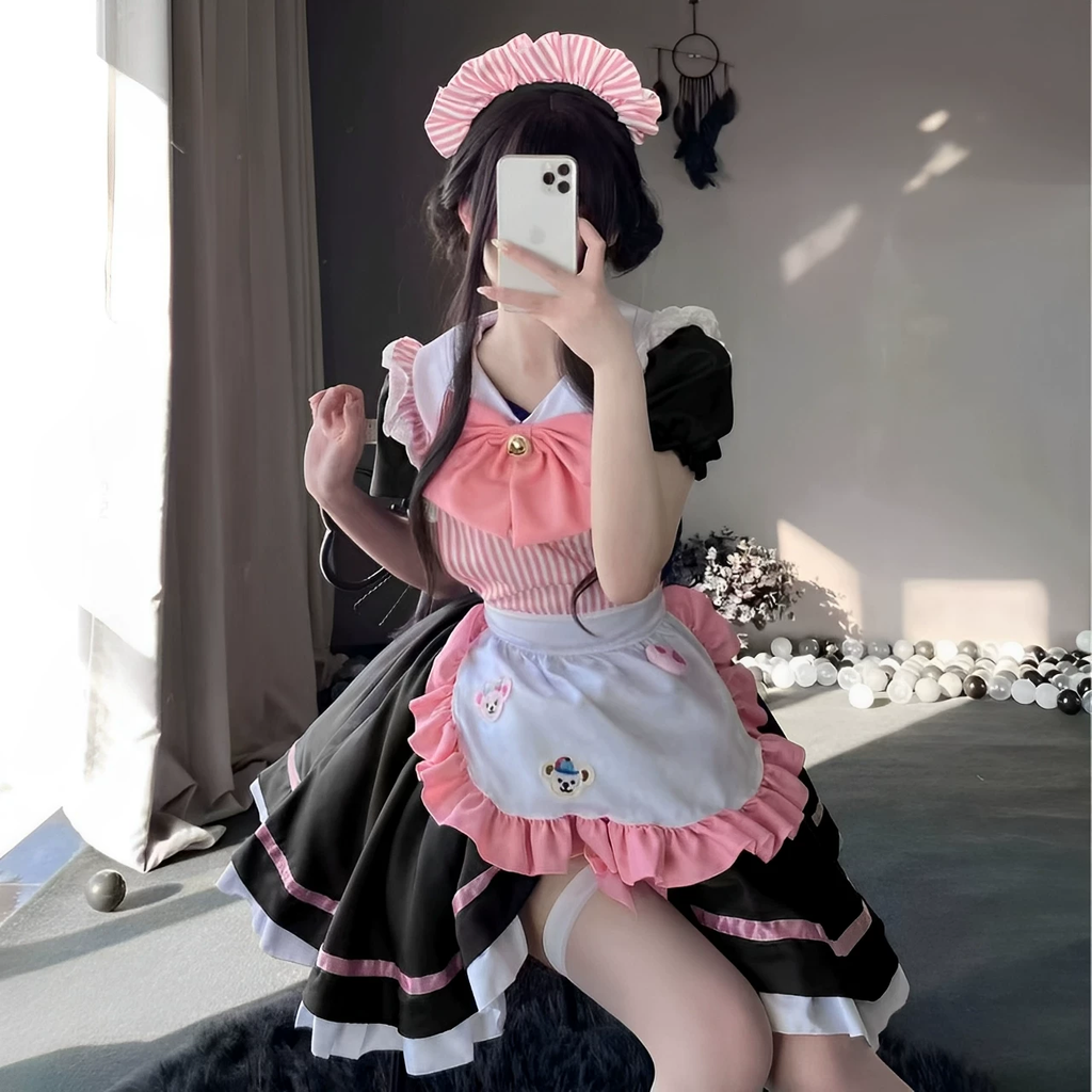 Sweet Maid Lolita Short Sleeve OP Dress Set with Pleated Chest Panel and Pearl Bow Accent