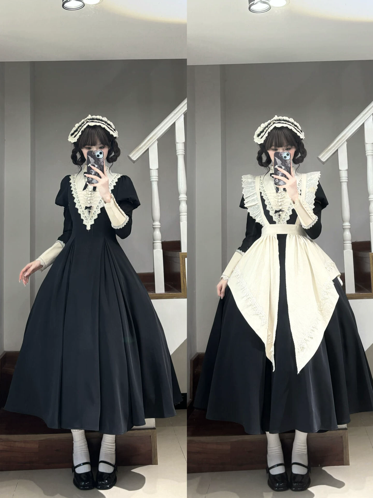 Classic Maid Lolita Short Sleeve Long OP Dress Set with V-Neck Lace Yoke and Pointed Apron