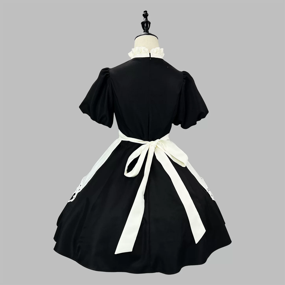 Classic Maid Lolita Short Sleeve Long OP Dress Set with V-Neck Lace Yoke and Pointed Apron