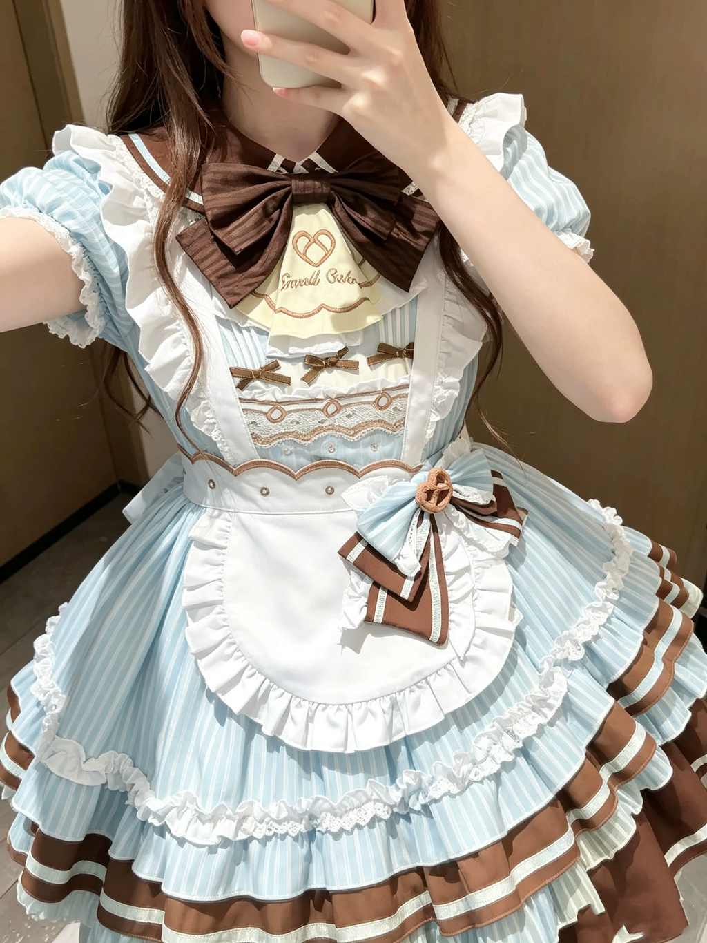 Sweet Maid Lolita Short Sleeve OP Dress Set with Striped Pattern and Scalloped Chocolate Apron