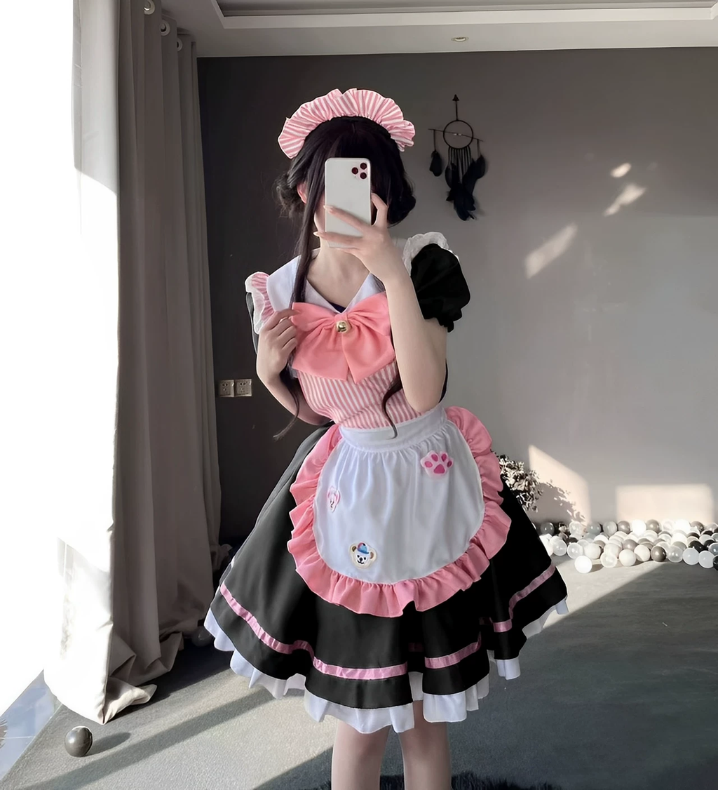 Sweet Maid Lolita Short Sleeve OP Dress Set with Pleated Chest Panel and Pearl Bow Accent