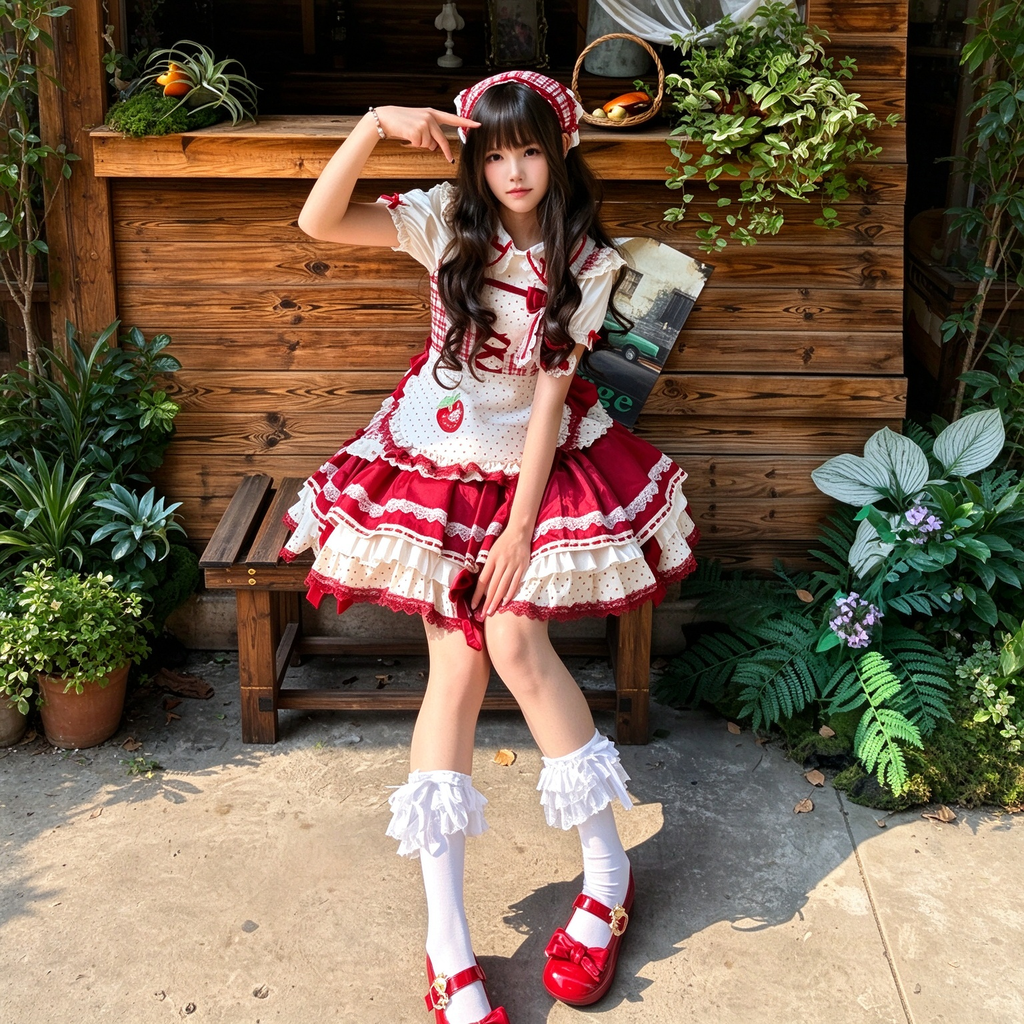 Sweet Strawberry Maid Lolita JSK Dress Set with Polka Dot Apron and Crisscross Laced Bodice