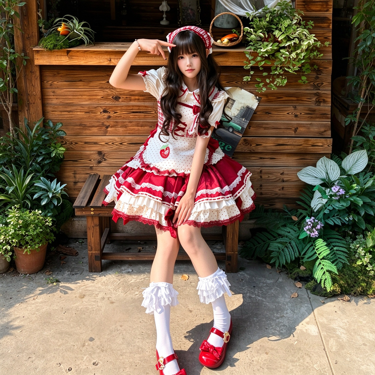 Sweet Strawberry Maid Lolita JSK Dress Set with Polka Dot Apron and Crisscross Laced Bodice