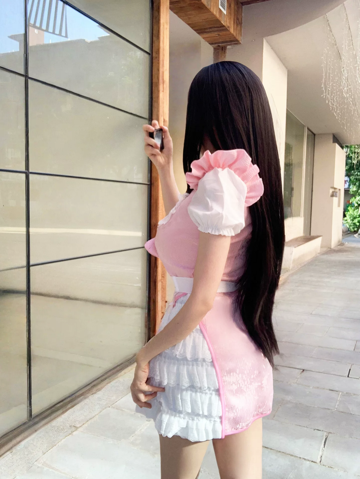 Sweet Maid Lolita Short Sleeve OP Dress Set with Heart Cutout Yoke and Side Ruffle Overlay