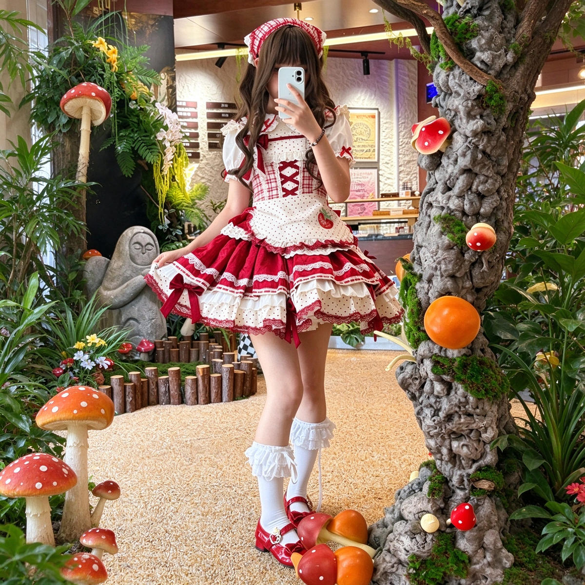 Sweet Strawberry Maid Lolita JSK Dress Set with Polka Dot Apron and Crisscross Laced Bodice