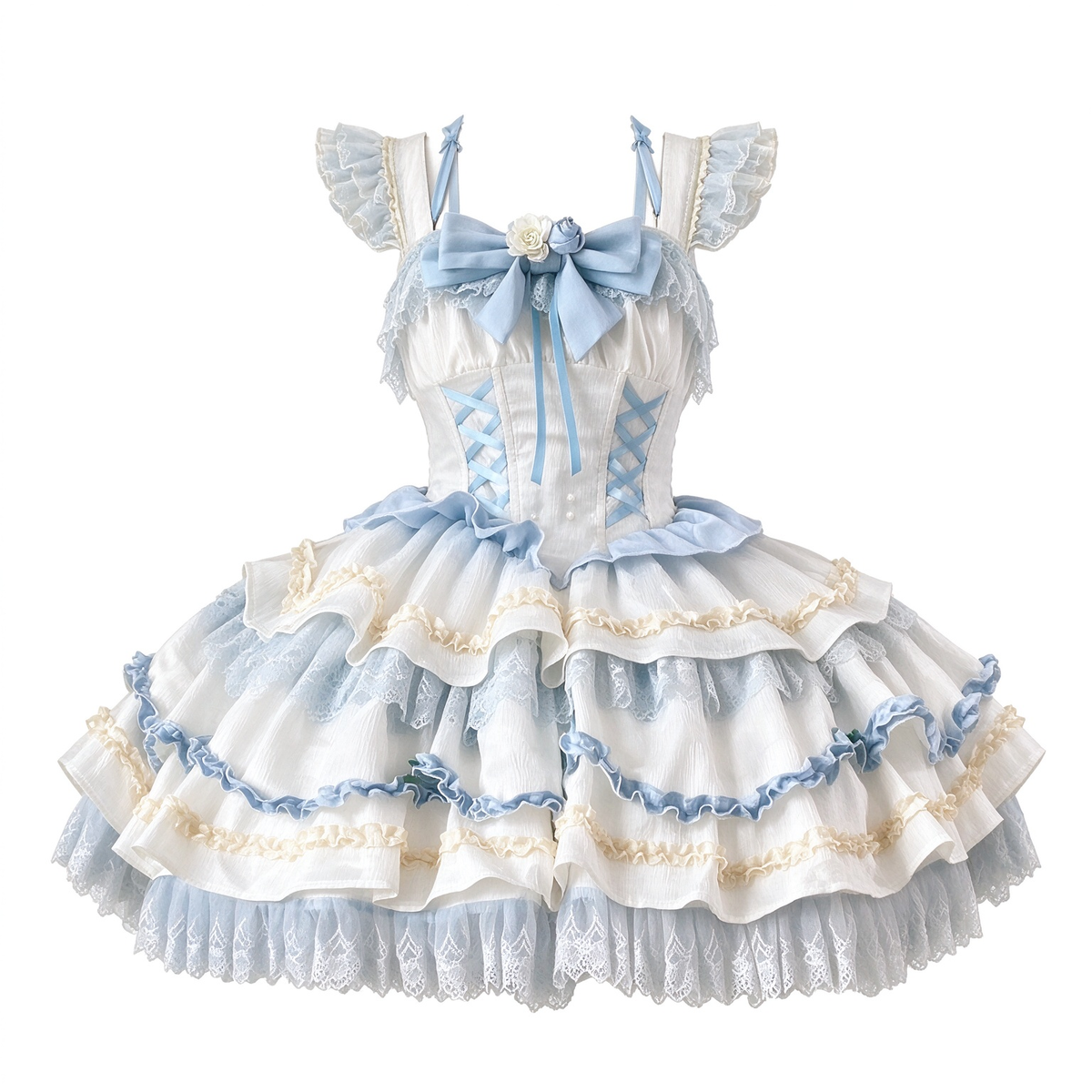 Princess Tea Party Sweet Lolita Dress with Twin Crisscross Laced Bodice and Tiered Skirt