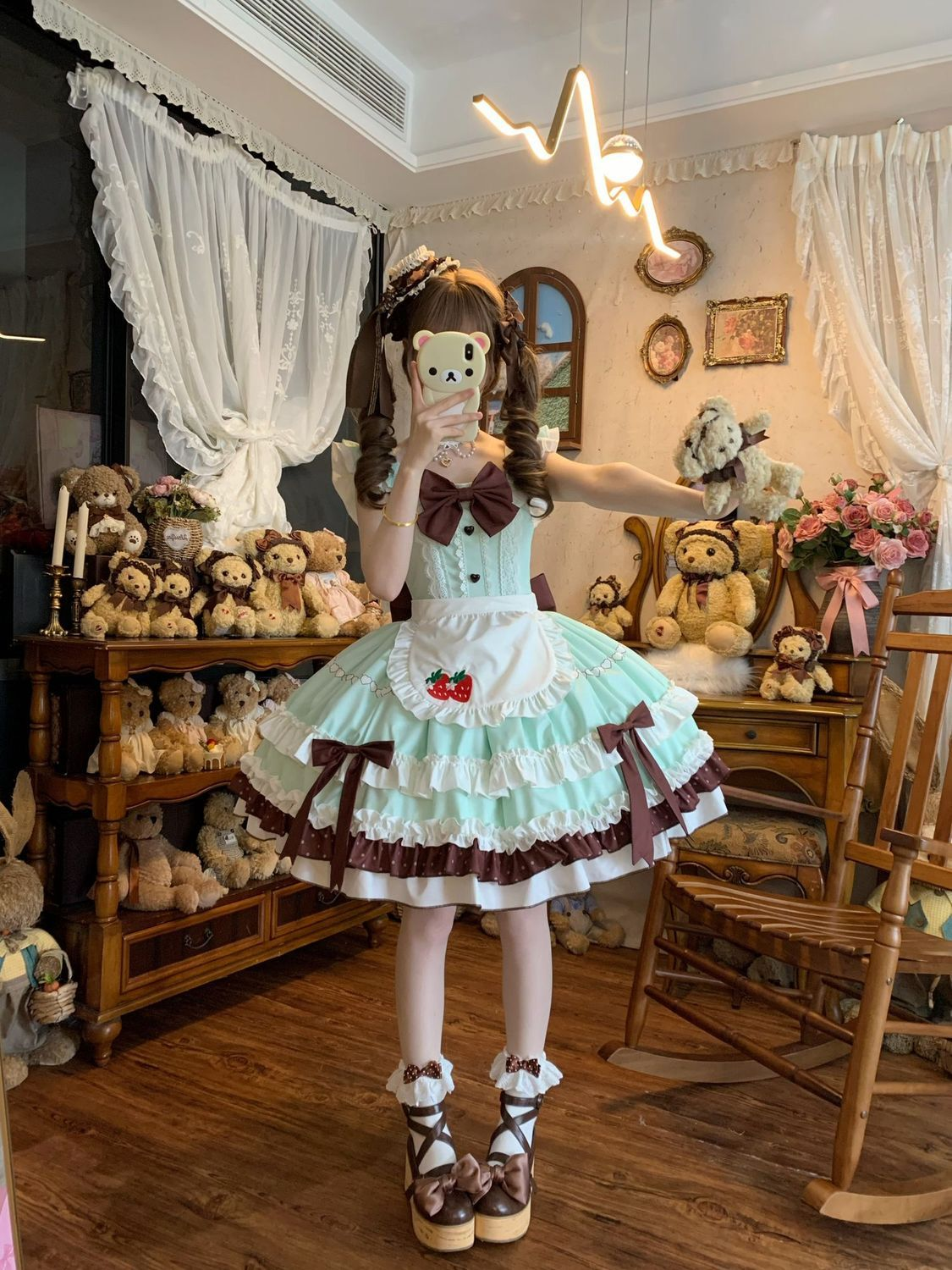Strawberry Apron Ruffled Maid Lolita Dress with Bow Accent