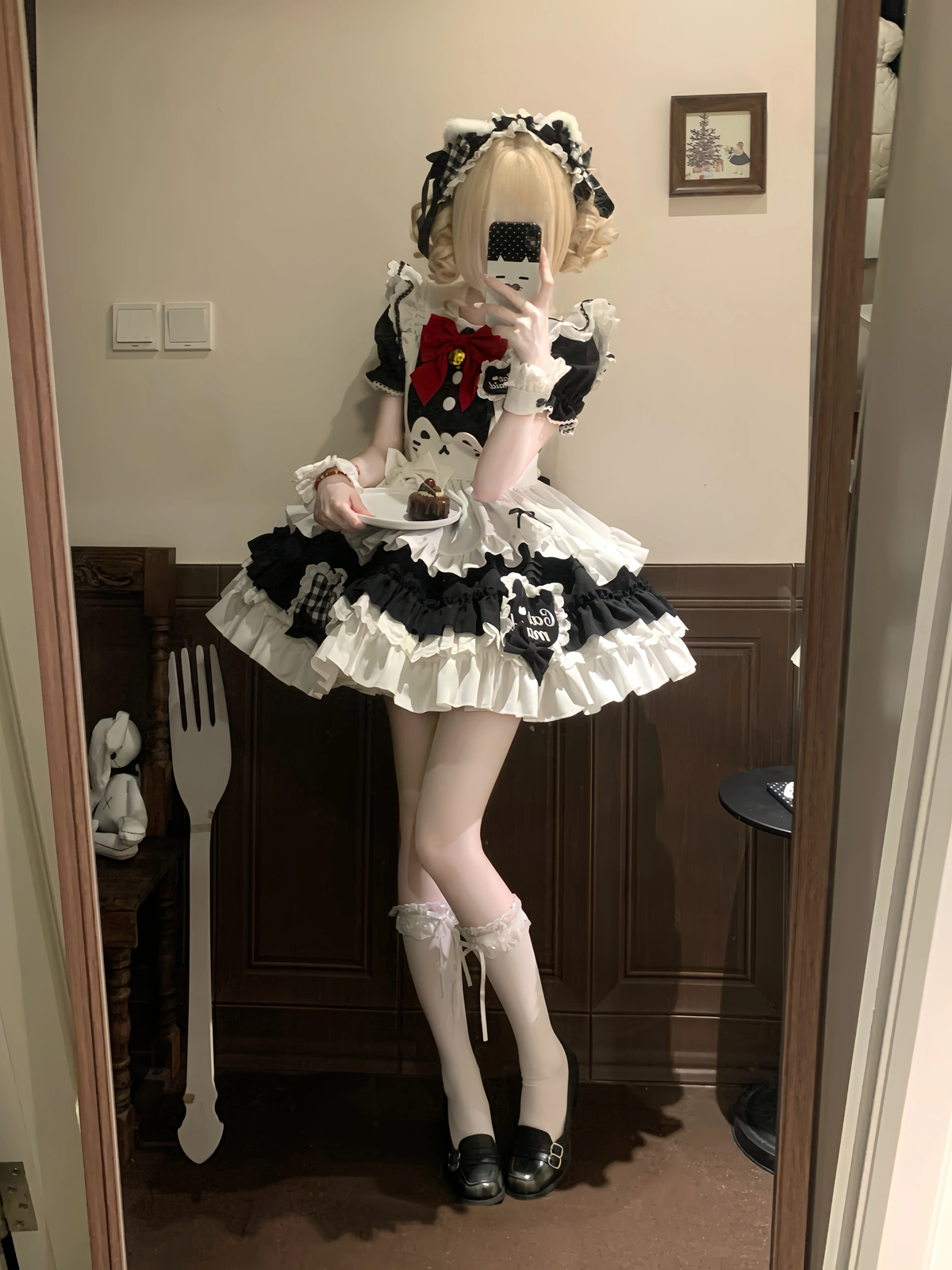 Black and White Cat Apron Ruffled Maid Lolita Dress with Bow Accent