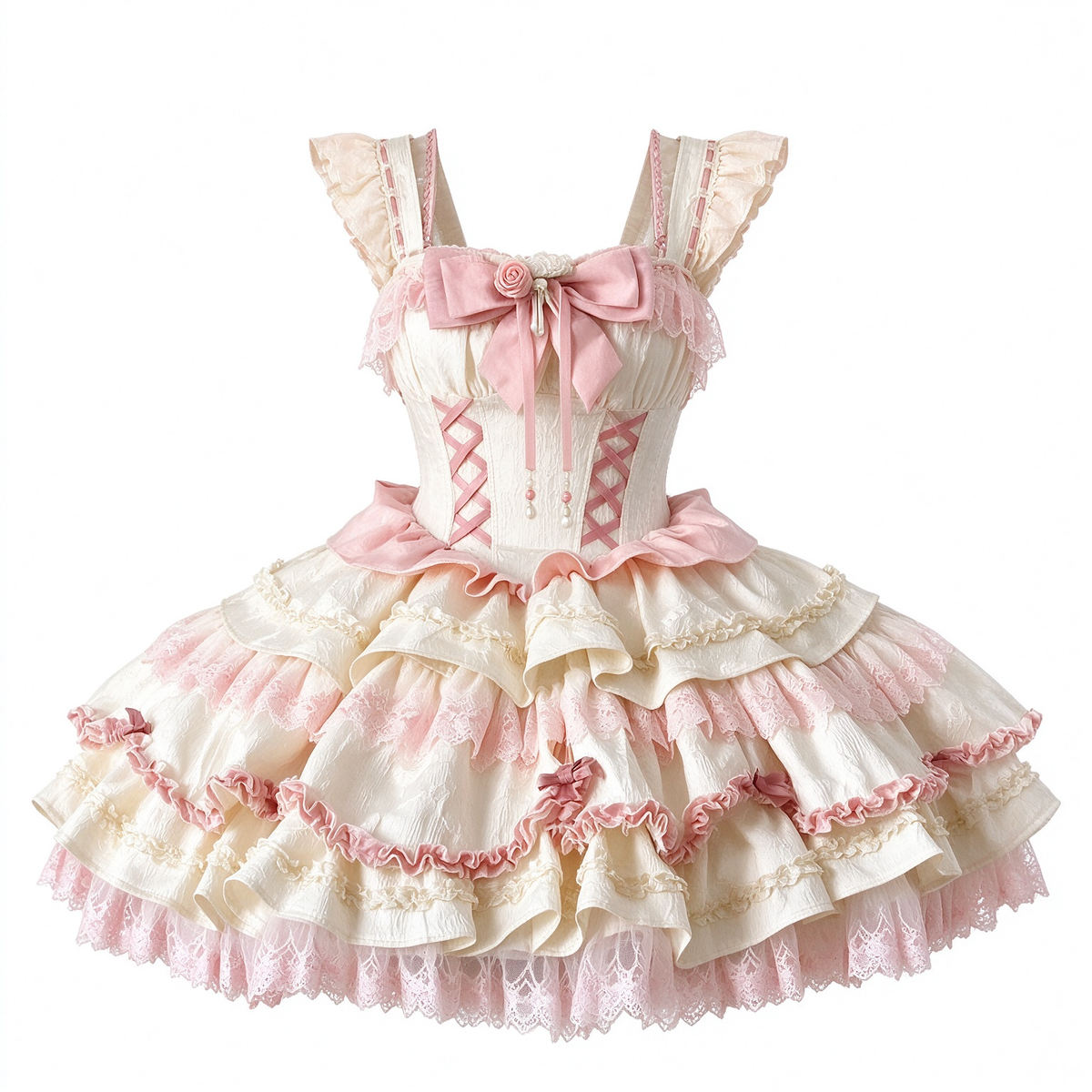 Princess Tea Party Sweet Lolita Dress with Twin Crisscross Laced Bodice and Tiered Skirt