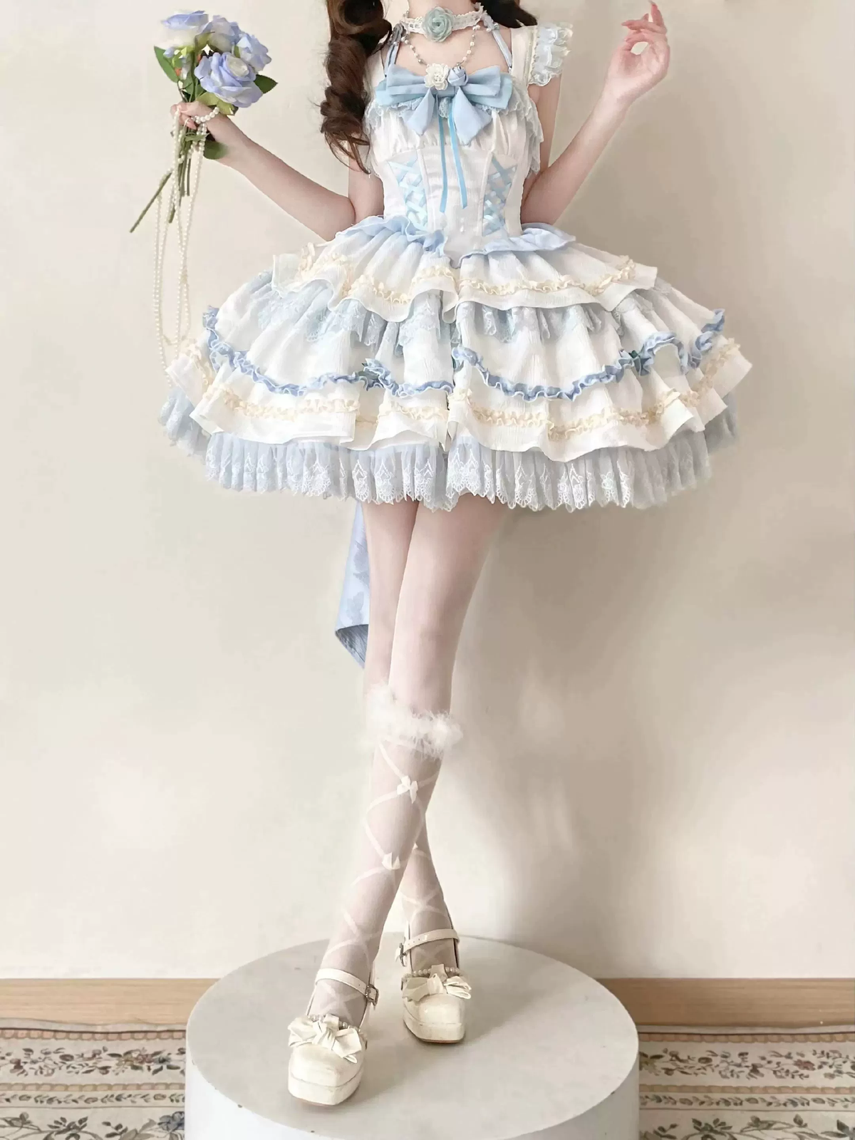 Princess Tea Party Sweet Lolita Dress with Twin Crisscross Laced Bodice and Tiered Skirt