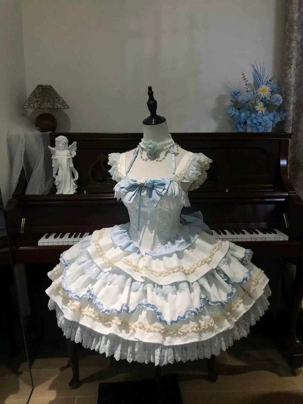 Princess Tea Party Sweet Lolita Dress with Twin Crisscross Laced Bodice and Tiered Skirt