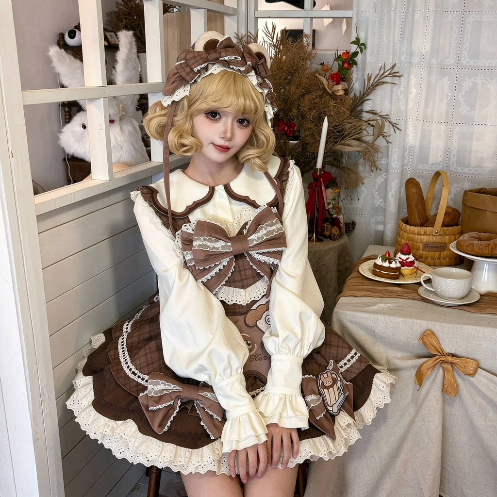 Brown Plaid Bear Print Ruffled Lolita Dress Set with Bow Accent