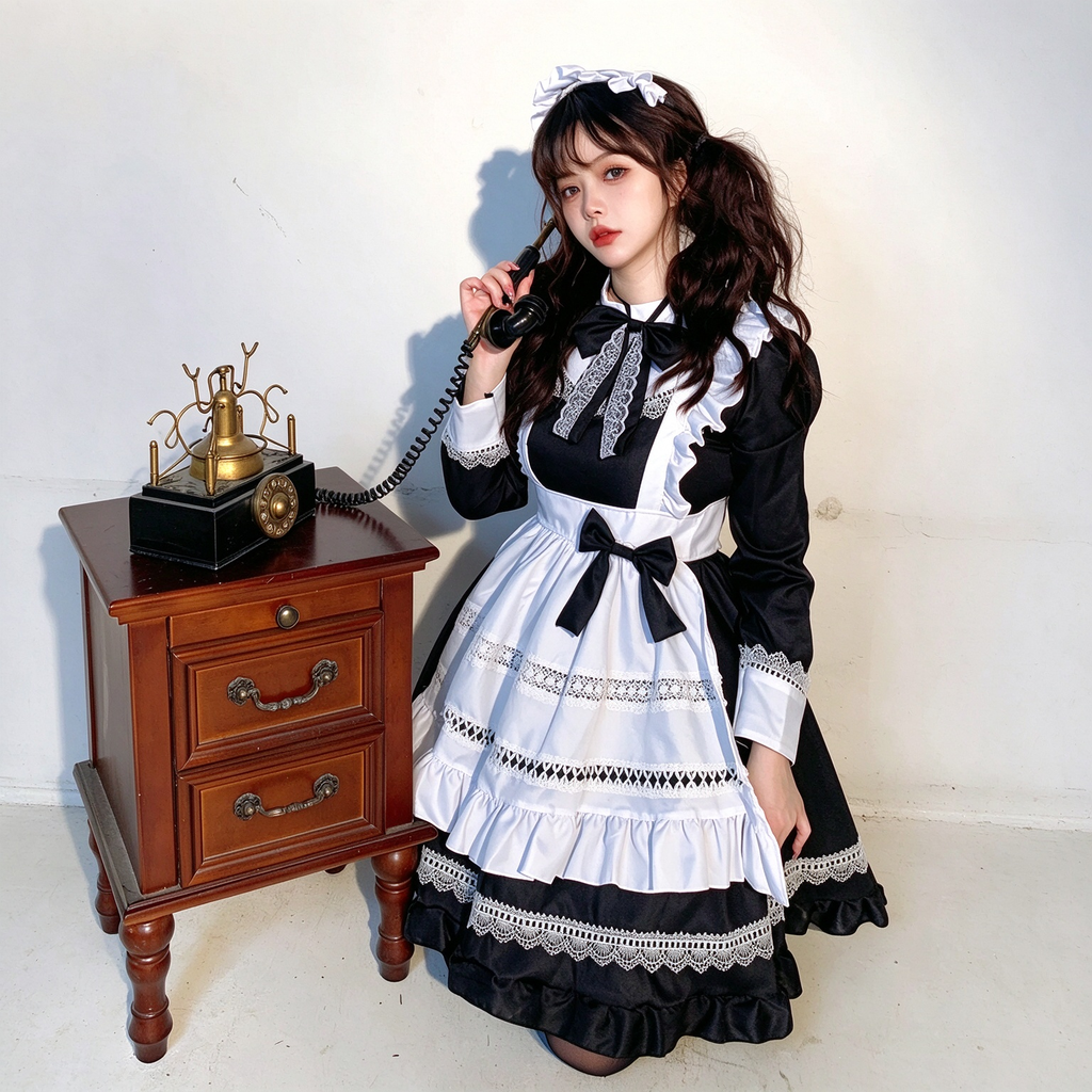 Classic Maid Lolita Long Sleeve OP Dress Set with Ruffled Shoulder Strap Apron