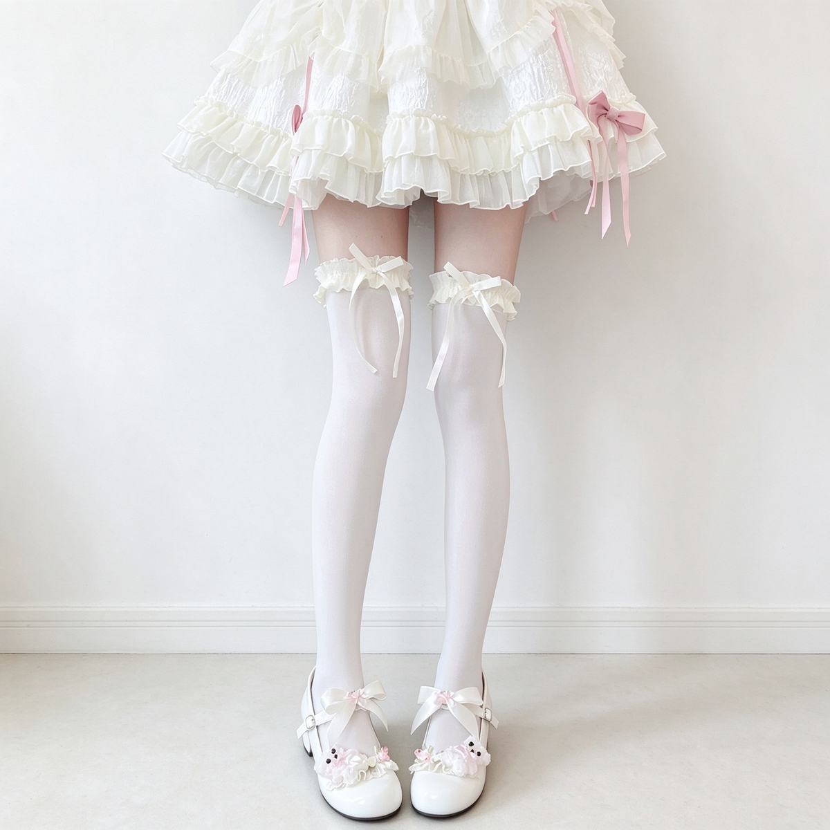 White Velvet Ruffled Lace Bow Over-Knee Sweet Lolita Socks