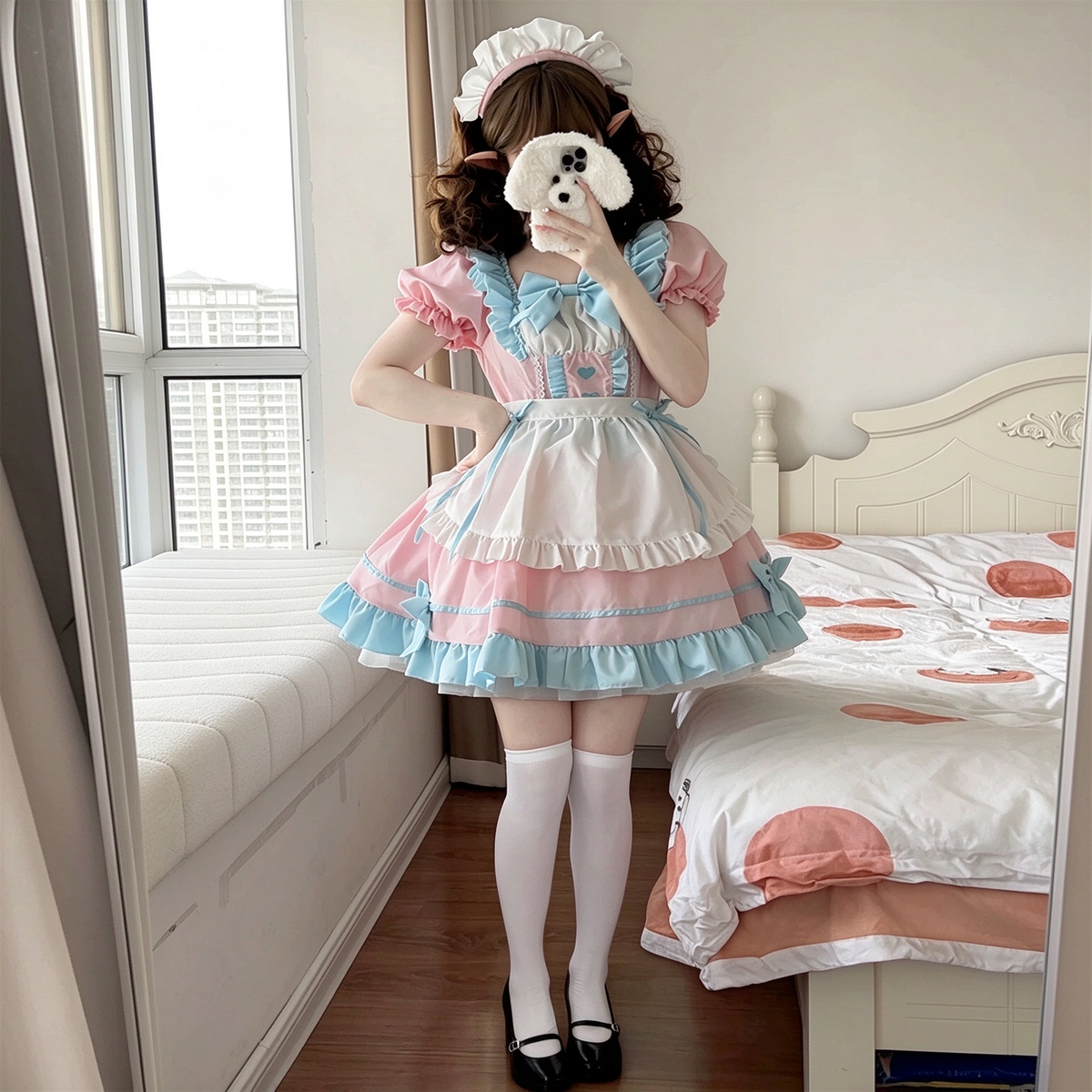 Sweet Maid Lolita Short Sleeve OP Dress Set with Keyhole Turn-Down Collar and Heart Patch Waist Accent