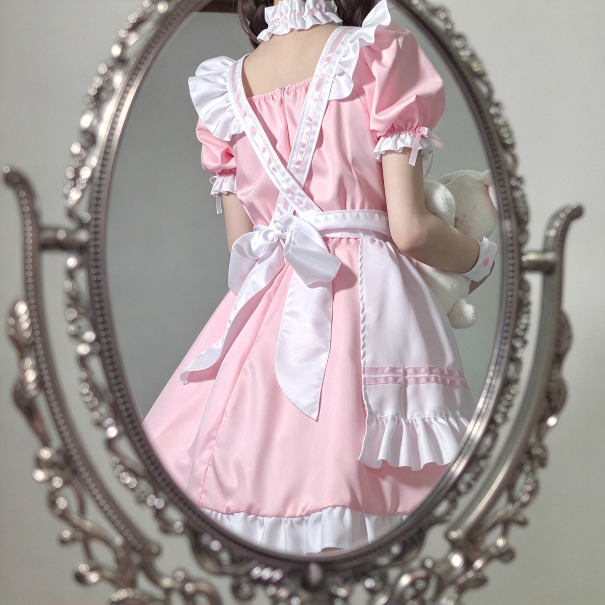 Sweet Maid Lolita Short Sleeve OP Dress Set with Crisscross Waist Band and Matching Choker