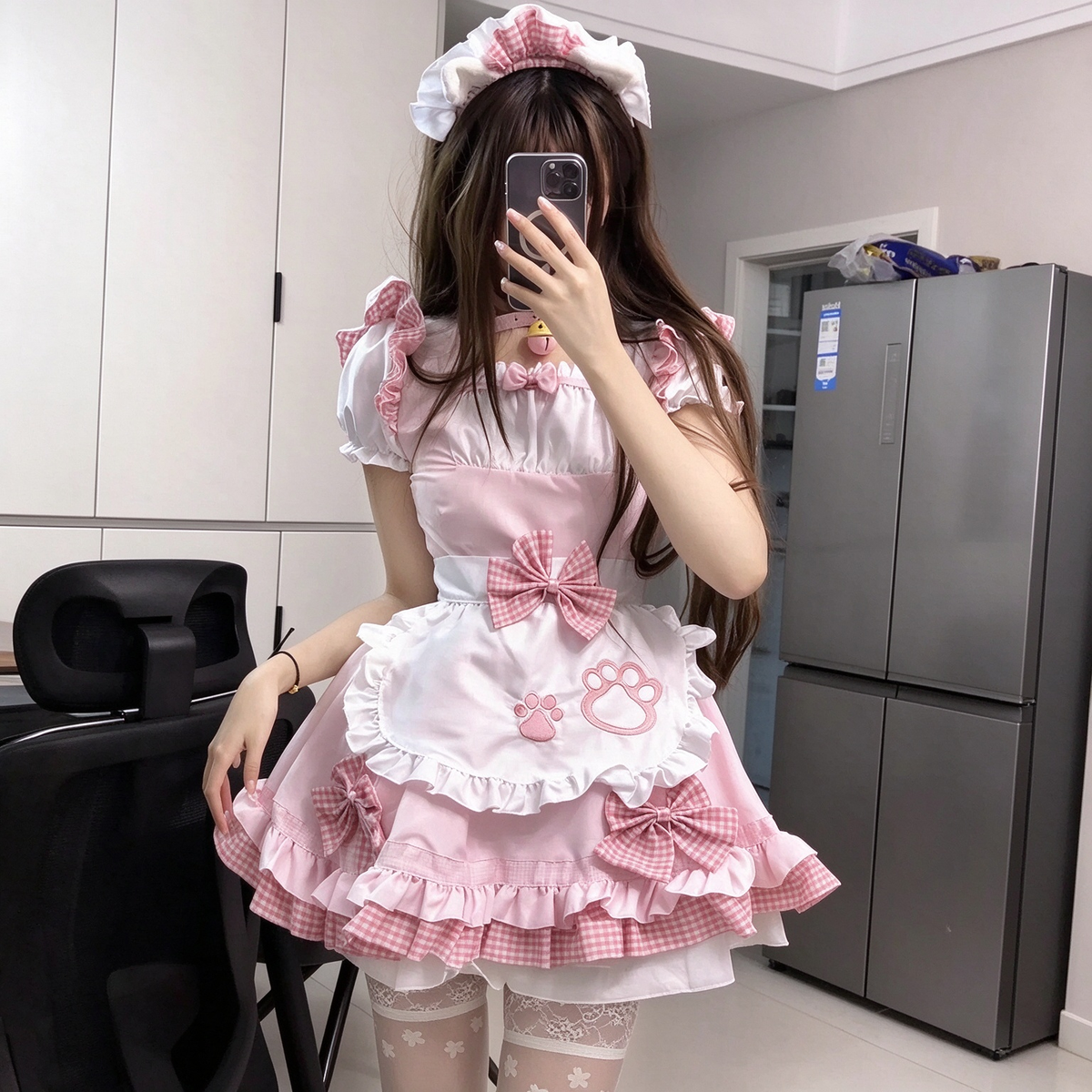 Sweet Maid Lolita Short Sleeve OP Dress Set with Cat Paw Patch Apron and Plaid Bow Accents