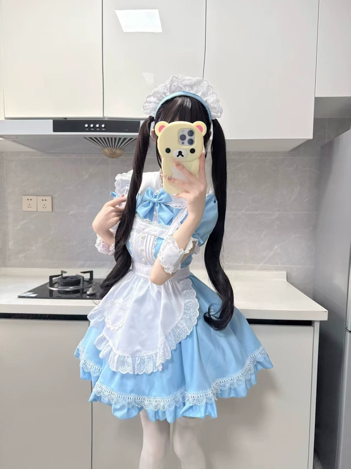 Sweet Maid Lolita Short Sleeve OP Dress Set with Pleated Pearl Yoke and Eyelet Lace Apron
