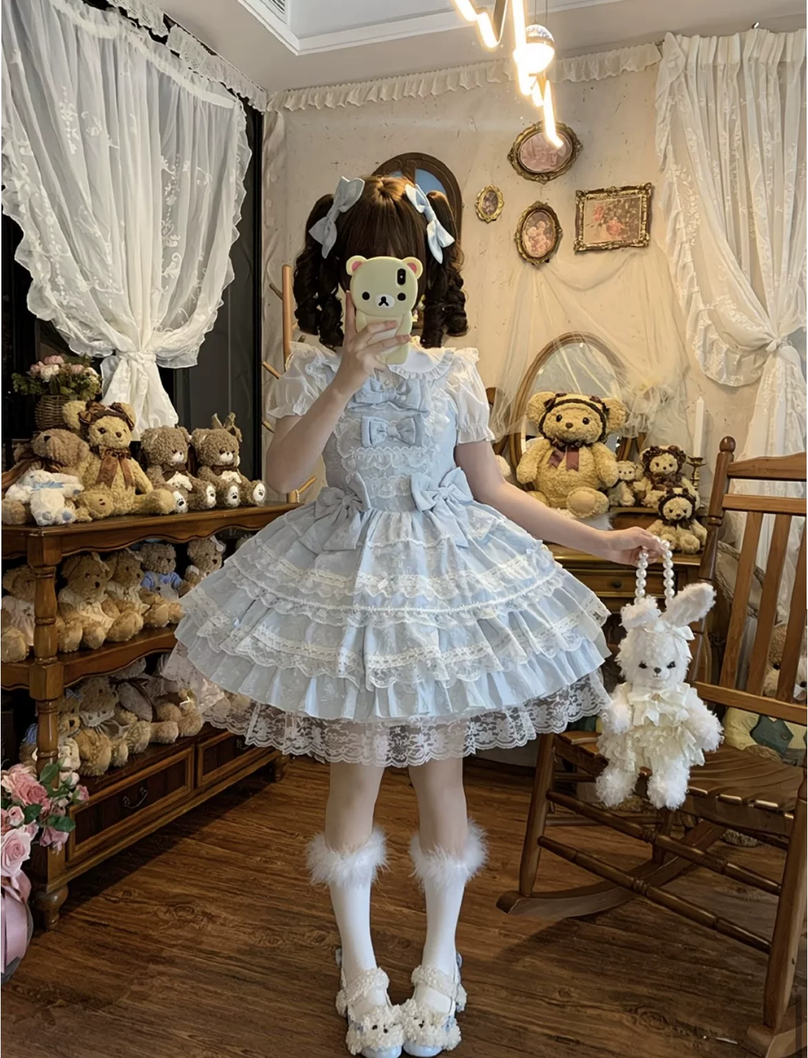 Light Blue and Pink Jacquard Ruffled Lolita Dress Set with Bow Accent