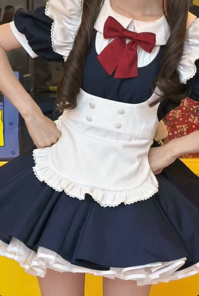 Navy Blue and White Lace Maid Lolita Jumper Dress with Red Bow