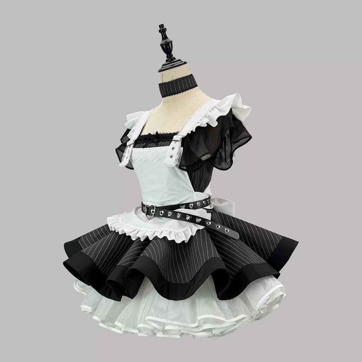 Sweet Maid Lolita Short Sleeve OP Dress Set with High-Waist Heart Buckle Belt and Fitted Waistband