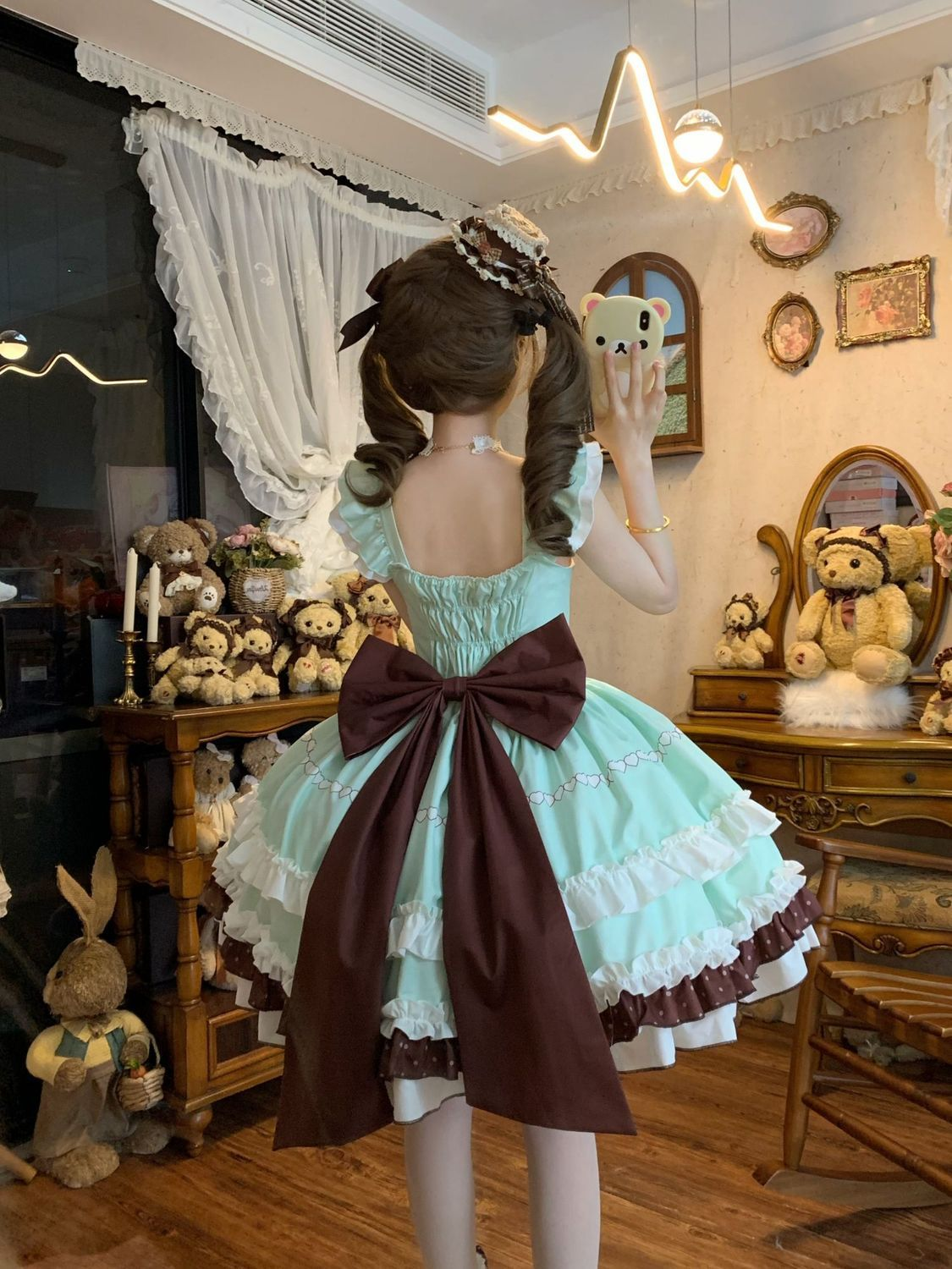 Strawberry Apron Ruffled Maid Lolita Dress with Bow Accent