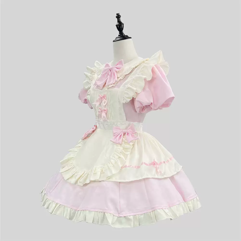 Pink and White Lace Sweet Maid Lolita Dress Set with Heart Bows