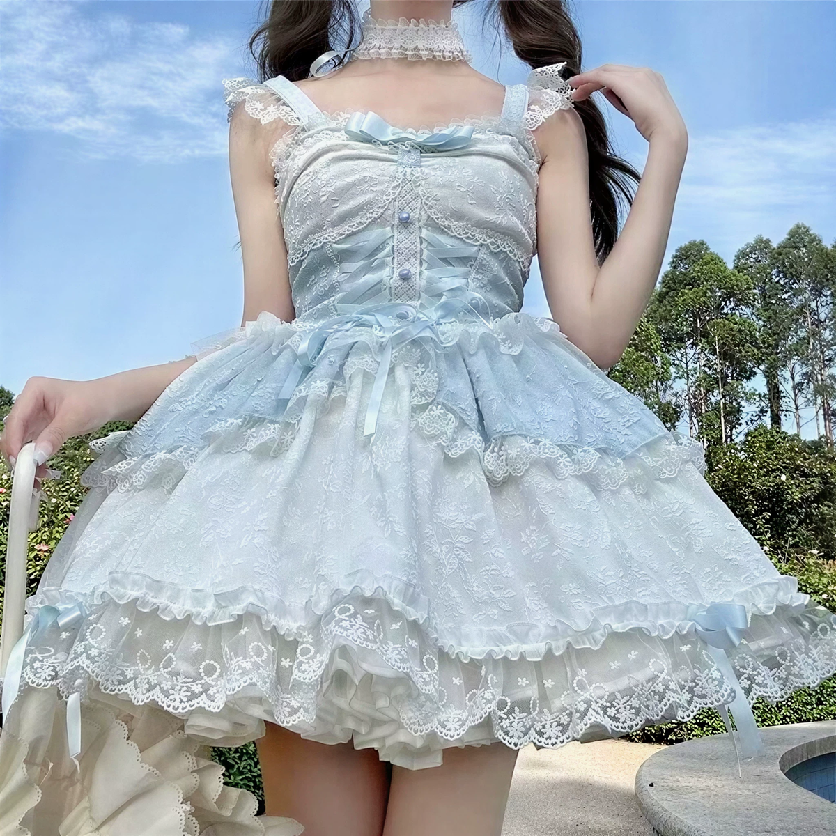 Sweet Lolita JSK Dress with Lace Overlay Peplum and Ribbon Lace-Up Bodice