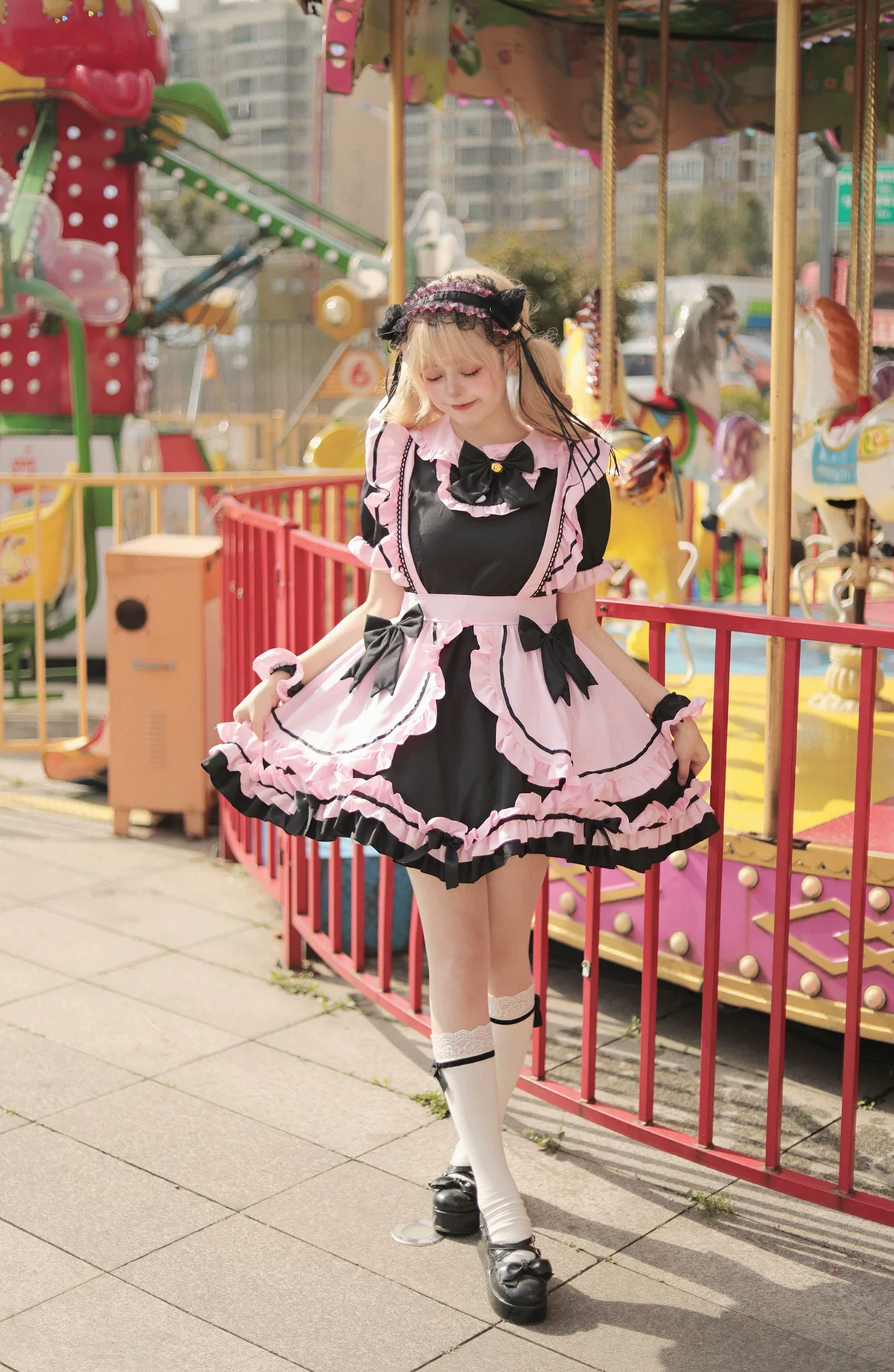 Sweet Maid Lolita Short Sleeve OP Dress Set with Stand Collar and Bell Bow Accent