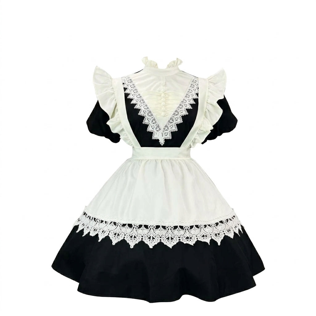 Classic Maid Lolita Short Sleeve Long OP Dress Set with V-Neck Lace Yoke and Pointed Apron