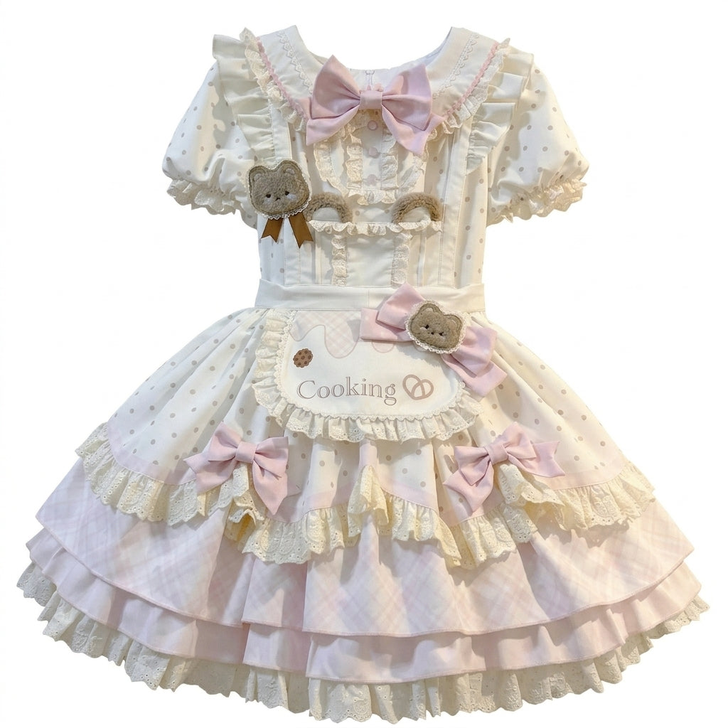 Sweet Maid Lolita Short Sleeve OP Dress Set with Polka Dot Pattern and Cooking Bear Apron