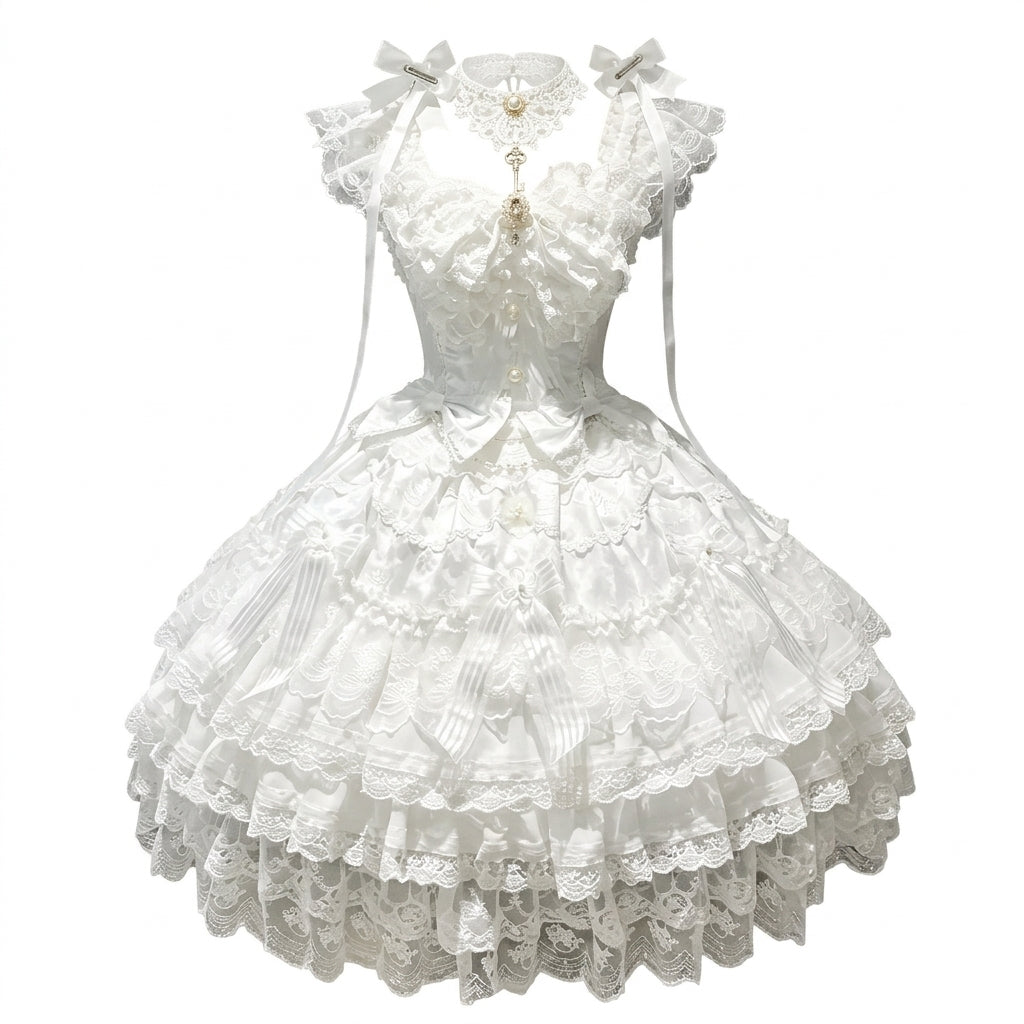 Tea Party Sweet Lolita Dress with Sweetheart Neckline and Tiered Floral Lace Flared Skirt