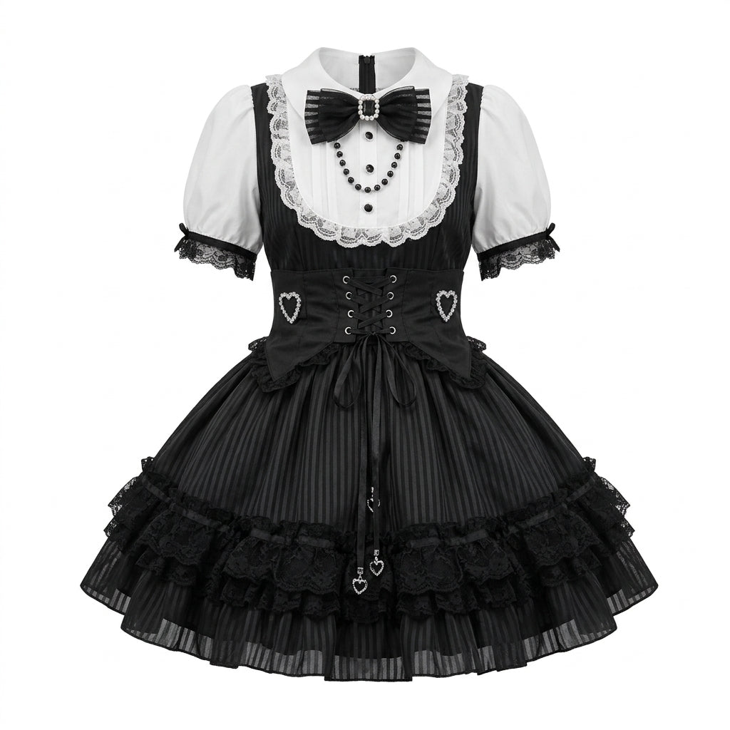 Gothic Lolita Short Sleeve OP Dress Set with Lace-Up Corset Waist and Heart Charm Streamers