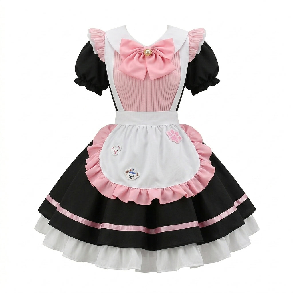 Sweet Maid Lolita Short Sleeve OP Dress Set with Pleated Chest Panel and Pearl Bow Accent