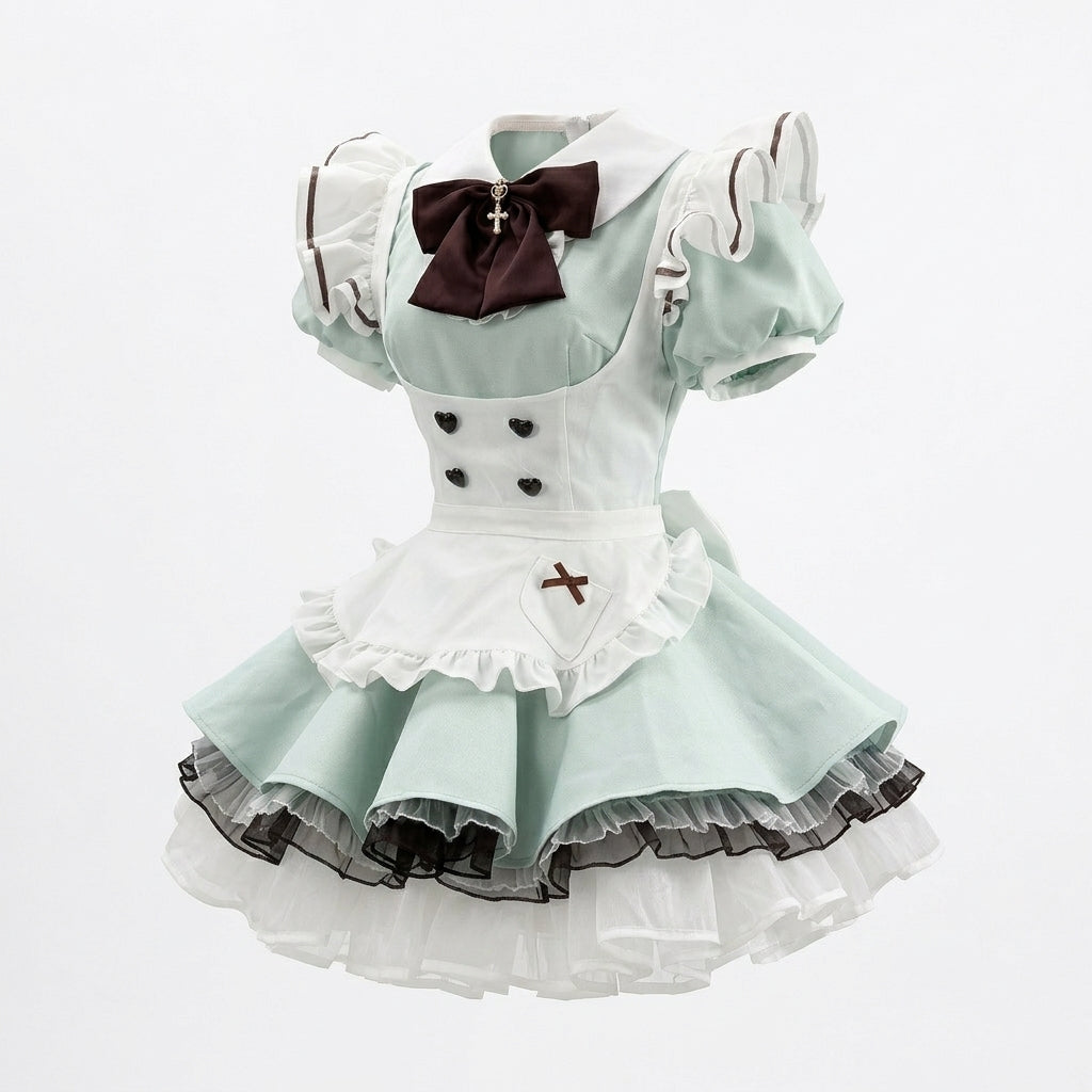 Sweet Maid Lolita Short Sleeve OP Dress Set with Cinched Waist and Layered Flared Skirt