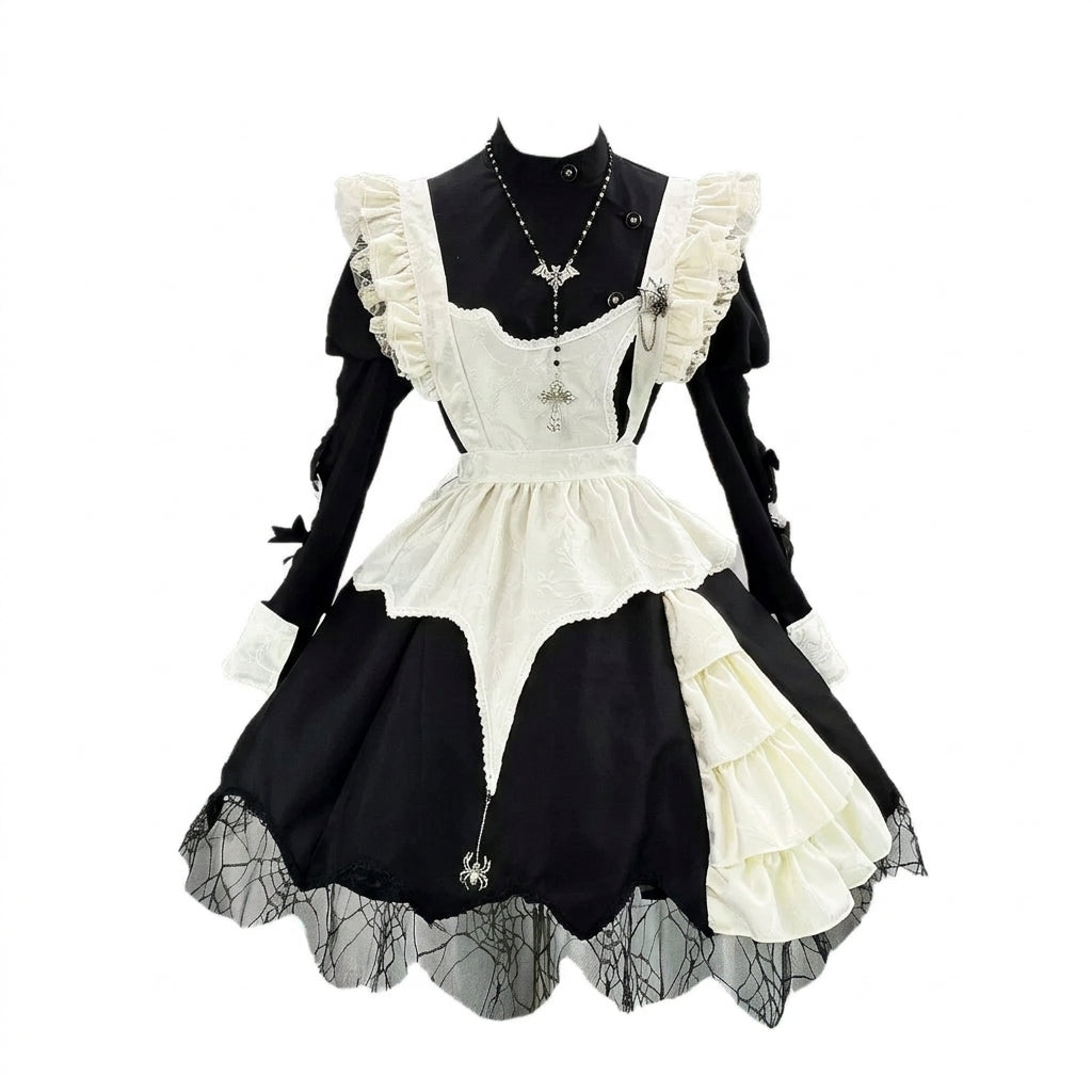 Gothic Maid Lolita Long Sleeve OP Dress Set with Spiderweb Lace and Bat Cross Necklace