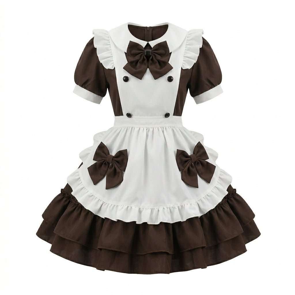 Sweet Maid Lolita Short Sleeve OP Dress Set with Tiered Ruffle Skirt and Apron Bow Accents
