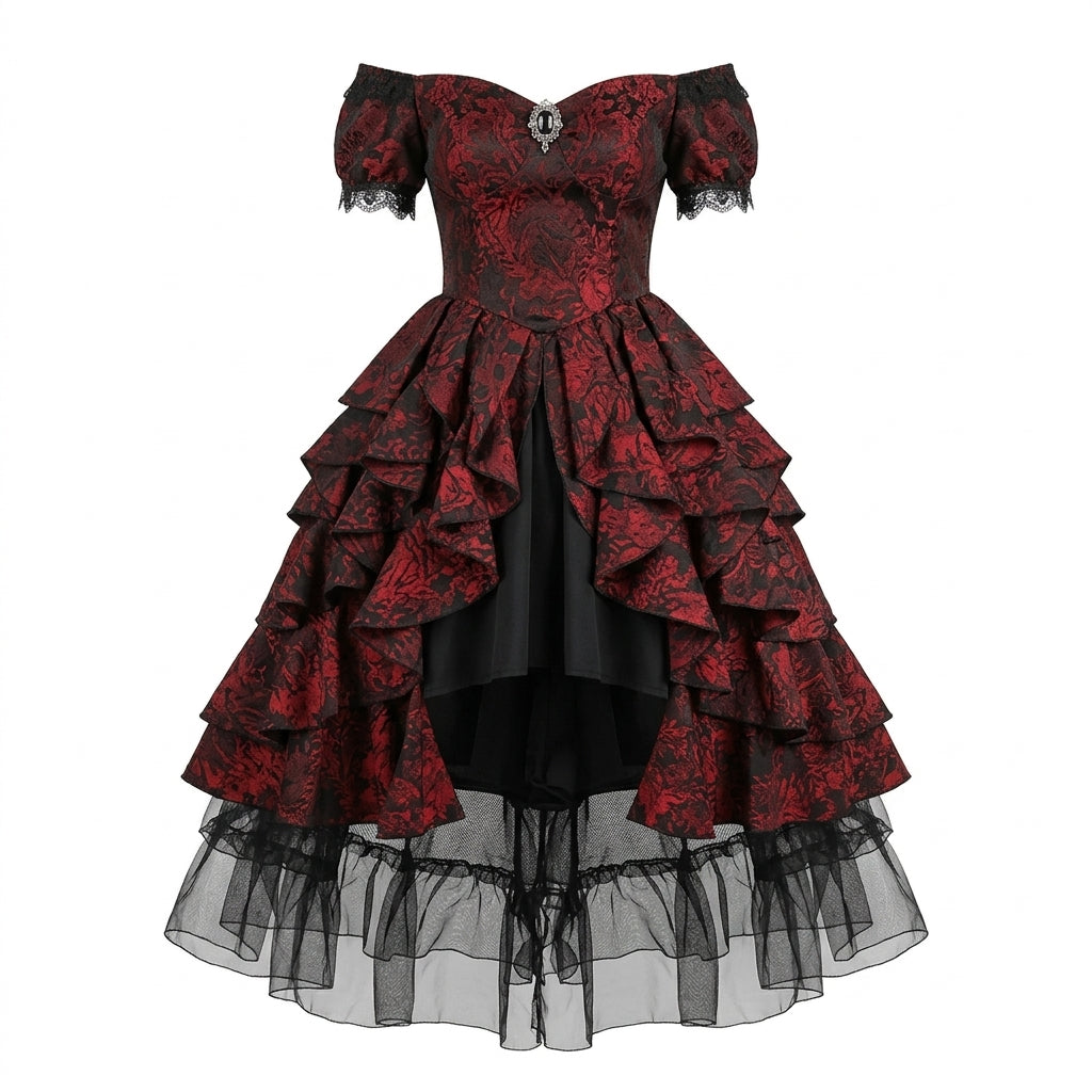 Gothic Lolita Off-Shoulder OP Dress Set with Jacquard Brocade Fabric and Tiered High-Low Skirt