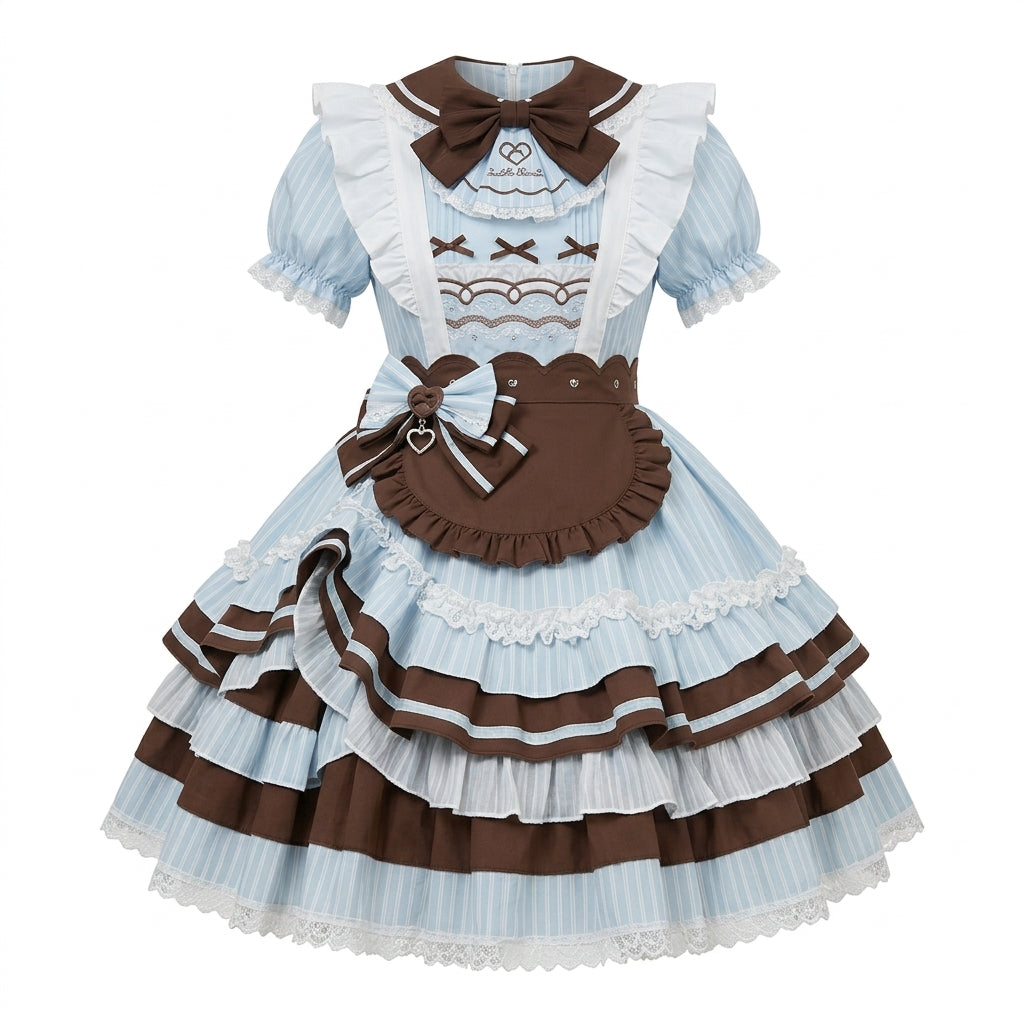 Sweet Maid Lolita Short Sleeve OP Dress Set with Striped Pattern and Scalloped Chocolate Apron