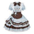 Sweet Maid Lolita Short Sleeve OP Dress Set with Striped Pattern and Scalloped Chocolate Apron