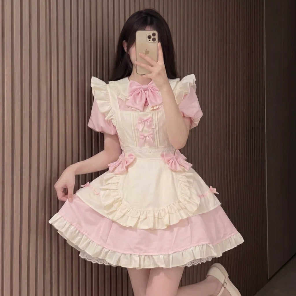 Pink and White Lace Sweet Maid Lolita Dress Set with Heart Bows