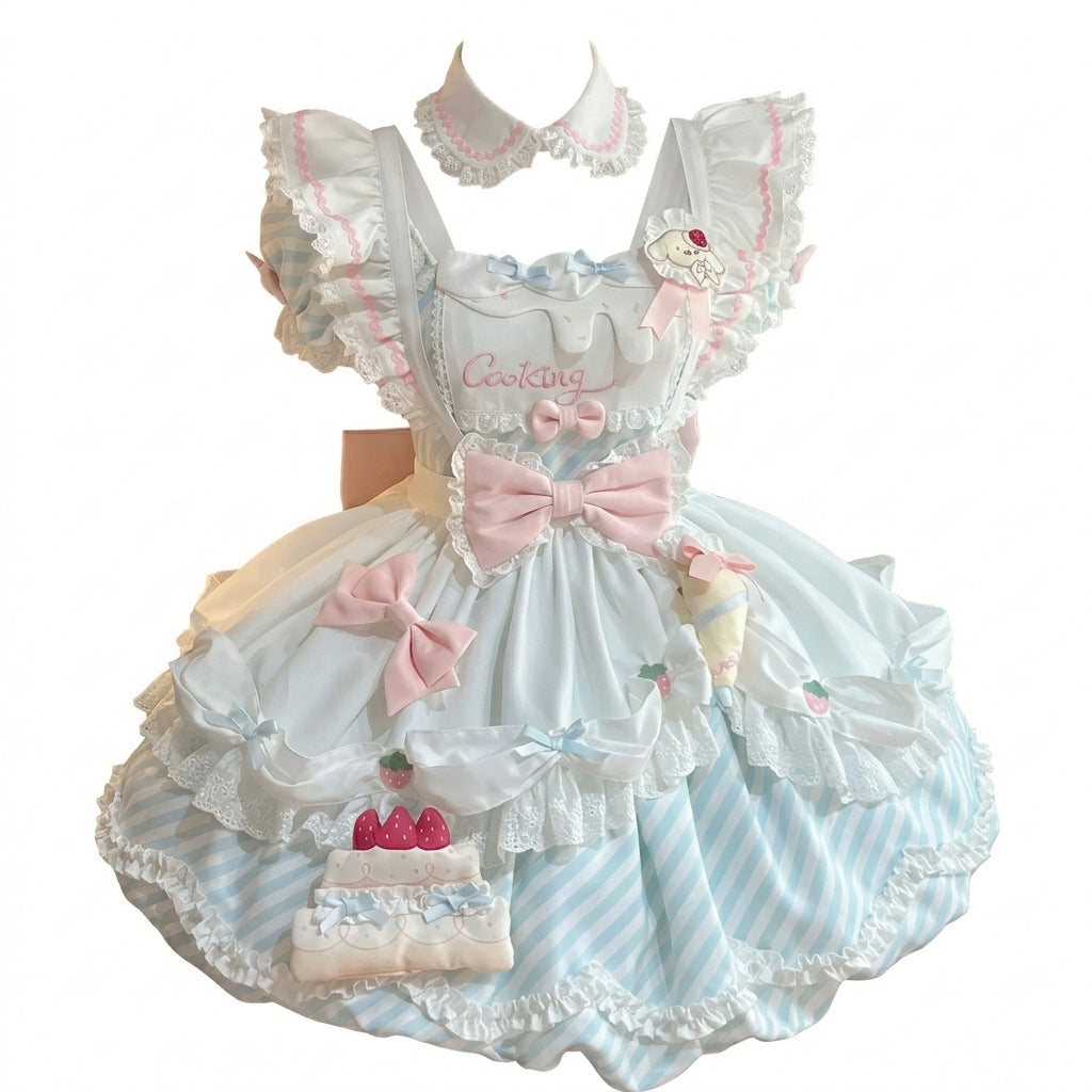 Cooking Dessert Lolita Dress with Striped Pattern and Melting Cream Embroidery Yoke